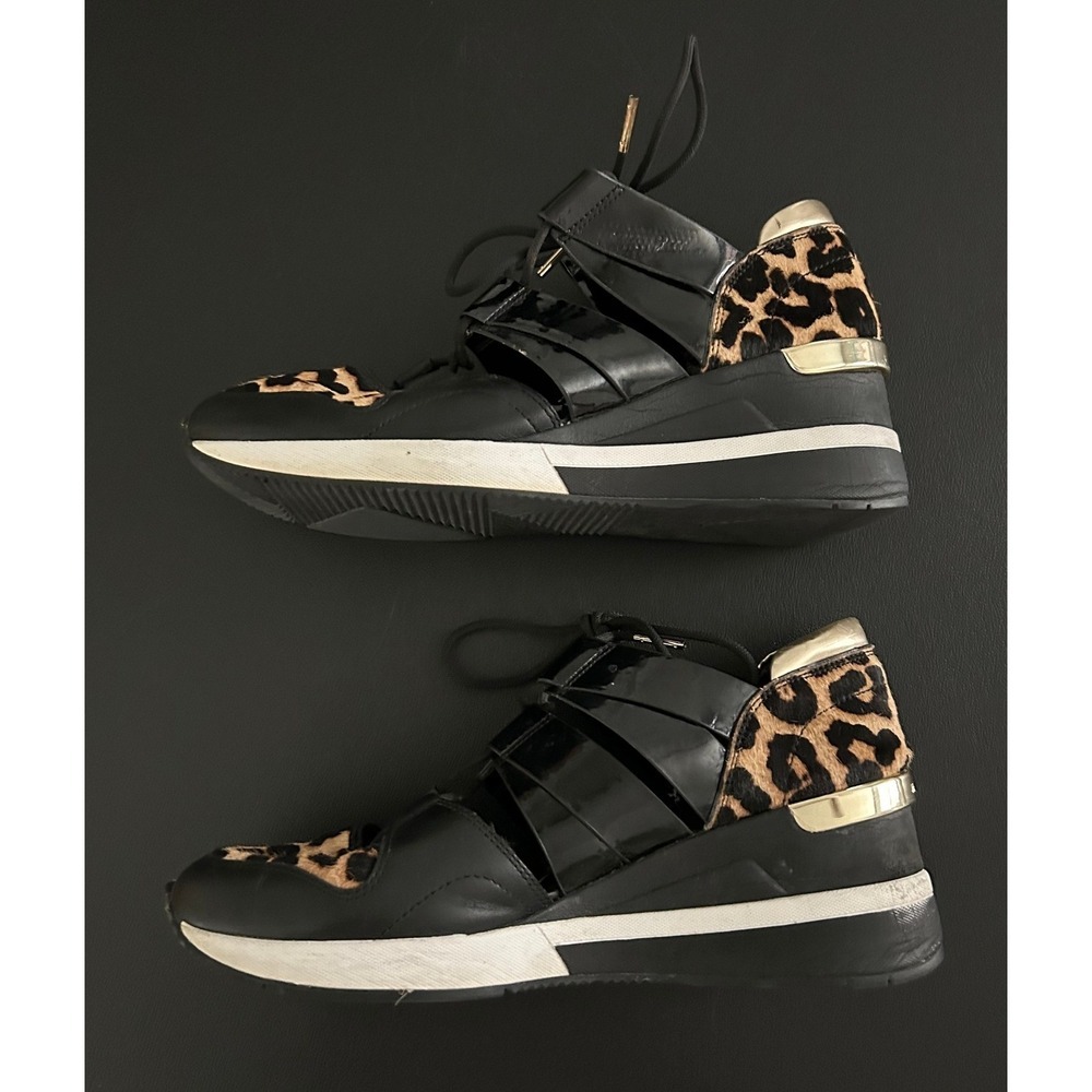 Michael Kors Felix Black Leopard Calf Hair Wedge Sneakers Shoes Womens 9M - Picture 4 of 12
